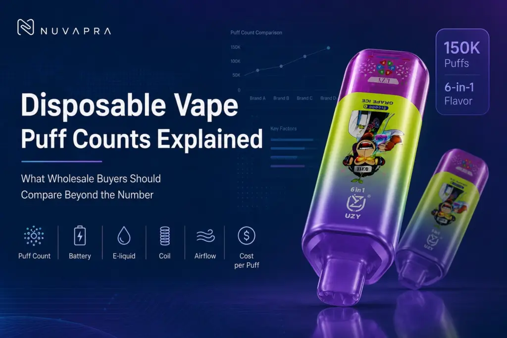 Disposable vape puff count comparison cover featuring a UZY 150K 6-in-1 device with battery, e-liquid, coil, airflow and cost-per-puff icons.