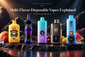 Multi-flavor disposable vape comparison banner showing selectable flavor systems from 2-in-1 through 15-in-1