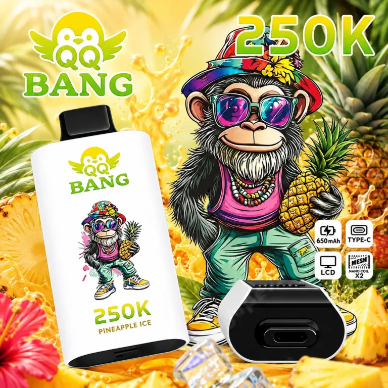 QQ Bang 250K Puffs Disposable Vape featured in a branded product display prepared for adult vape retail and wholesale catalog listings.