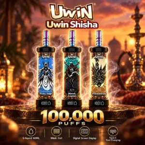 UWIN Shisha 100K Puffs disposable vape device with a shisha-style design and colorful flavor graphics