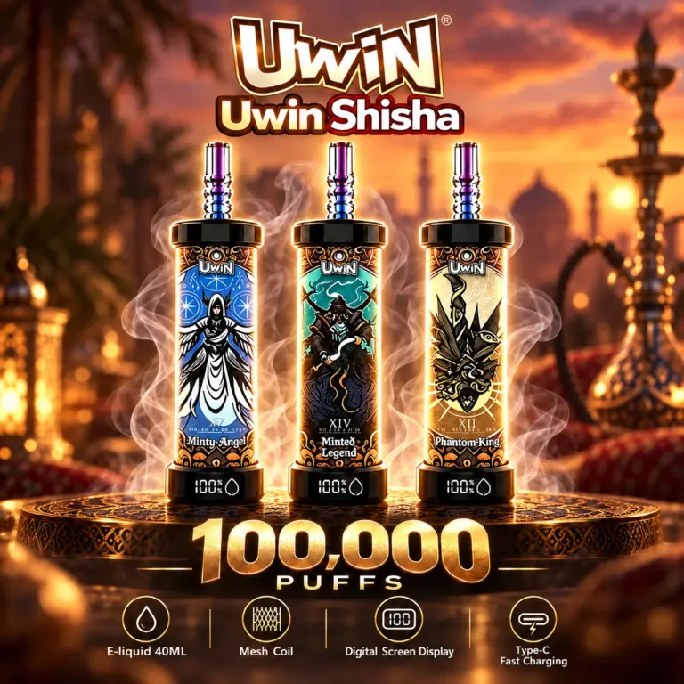UWIN Shisha 100K Puffs disposable vape device with a shisha-style design and colorful flavor graphics